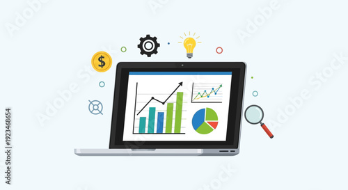 Laptop with business graphs and charts.