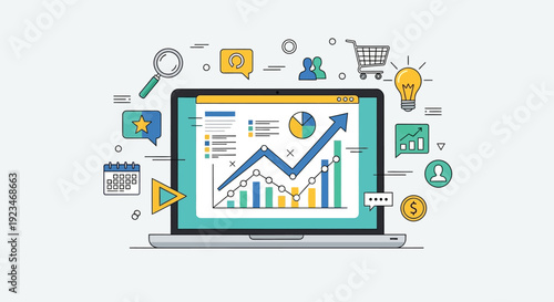 Laptop with business graphs and charts.