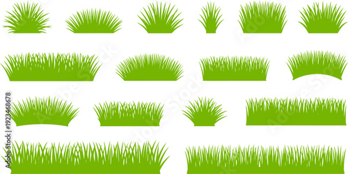 Set of Green Grass Tufts and Borders Vector Illustration on White Background