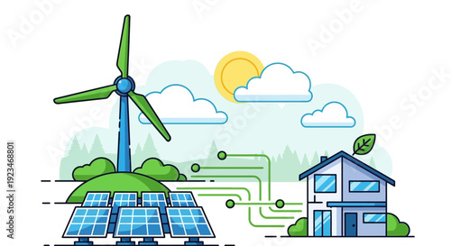 Renewable energy system with solar panels.