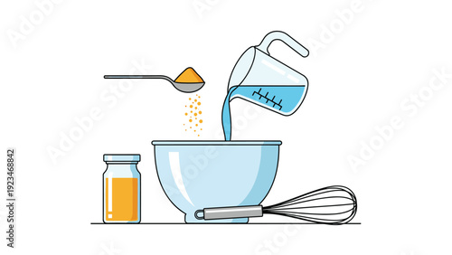 Cooking process showing ingredients like water and spices being added to mixing bowl with whisk and jar nearby.