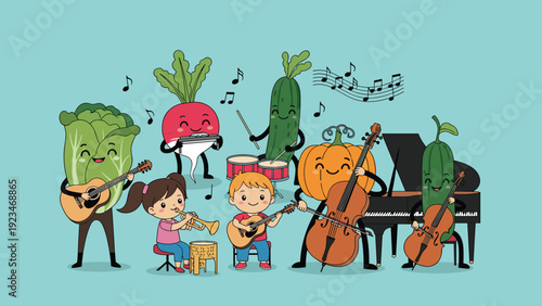 Group of children playing music together with smiling vegetable characters like radish, cabbage, and cucumber in a band.
