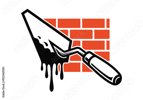 Black trowel dripping mortar with red brick wall background in monochromatic style