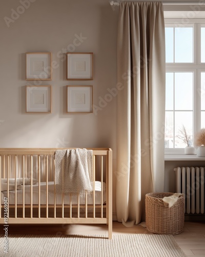 Modern nursery featuring a wooden crib, soft decor, and natural lighting, encapsulating cozy minimalist design and tranquil ambiance.