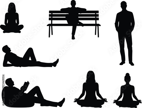 Collection of black silhouettes showing people in various relaxing postures Includes people sitting, lying down, reading, and meditating. 