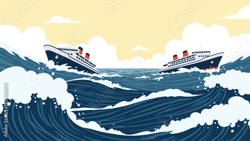 Two large cruise ships struggle against massive waves in a turbulent and stormy ocean under a cloudy sky illustration.