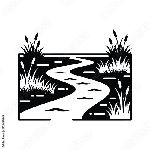 Winding river with cattails