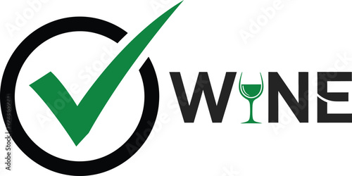 Green checkmark inside black circle with wine text and green wine glass