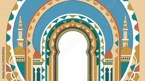 Decorative Islamic Arch Illustration with Mosque Minarets and Domes