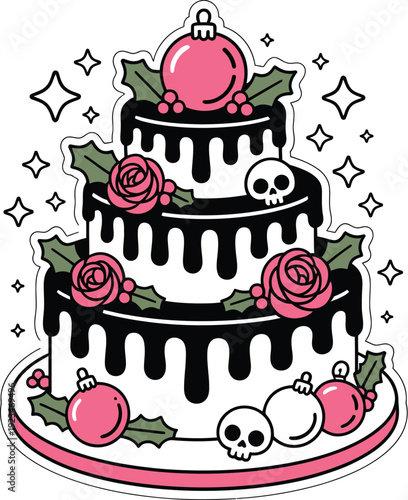 Gothic Christmas Cake with Skulls and Roses on a Plate black white pink