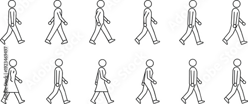 Walking people icon animation frames, male female stick figures step cycle, motion sequence outline, minimalist line illustration set