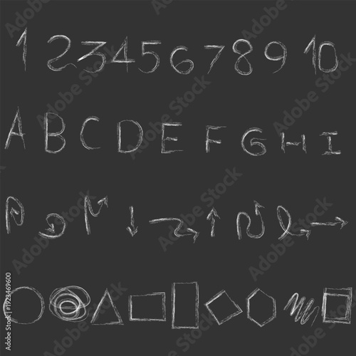 Chalk drawn white numbers and alphabet, shapes and arrows collection on blackboard. Crayon drawn sketchy figures. 