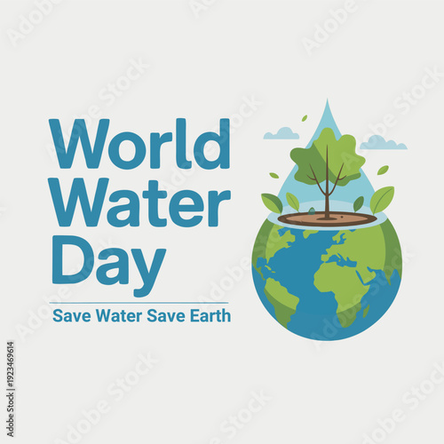 Save water save earth world water day banner with drop shape and tree on soil