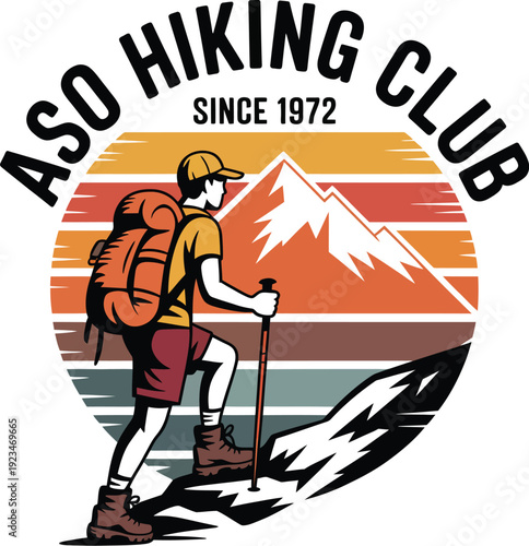 Hiker with backpack and trekking poles standing on mountain with sunset background and text A S