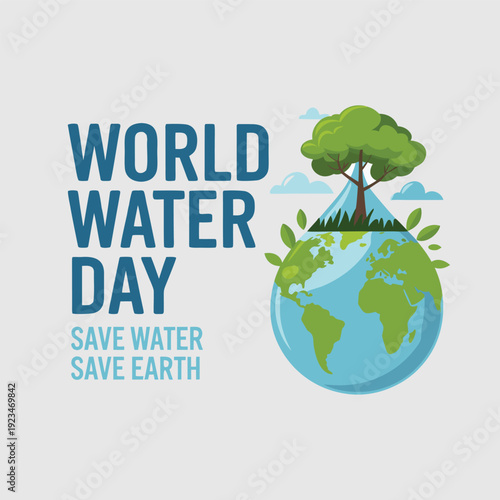 World water day flat vector illustration with earth globe and green tree on white background