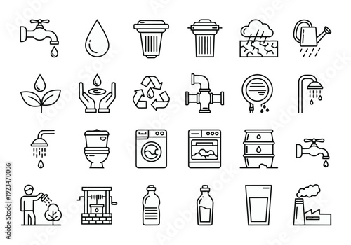 Clean line art icons representing water, waste, utility, and conservation concepts