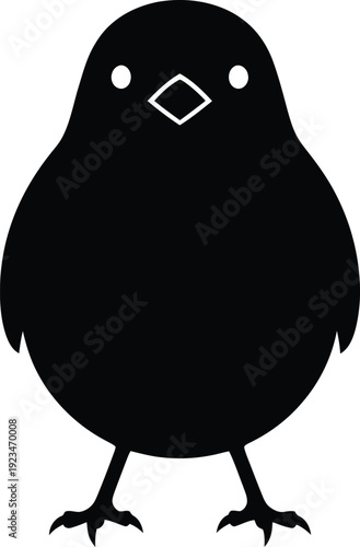 Silhouette  of a whimsical black bird against clean white backdrop