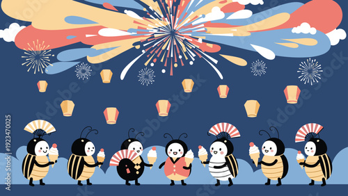 Cute insects enjoy ice cream and fans under a spectacular display of colorful fireworks and lanterns in the night sky.