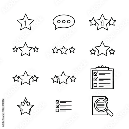 Collection of star rating, feedback bubble, checklist, and magnifying glass line icons representing customer satisfaction and review concepts