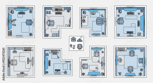 Architectural floor plans showcasing diverse room layouts and interior designs for various spaces.