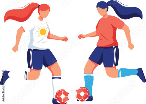 Two Young Women Playing Soccer Vector Illustration of Female Athletes Training with Footballs for Sports Competition Fitness Health Empowerment and Active Lifestyle Theme Concept