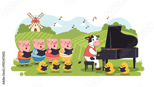 Talented cow plays a grand piano while a choir of pigs and chicks sing together in a beautiful green farmland landscape.