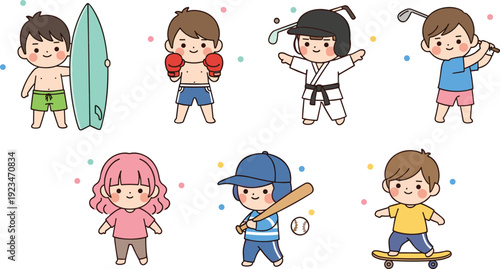 Set of cute kawaii children characters doing various sports activities including surfing boxing karate golf baseball skateboarding and casual play isolated on white background vector
