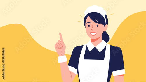 Friendly young woman wearing a classic maid uniform and white cap points her finger upward against a yellow background.
