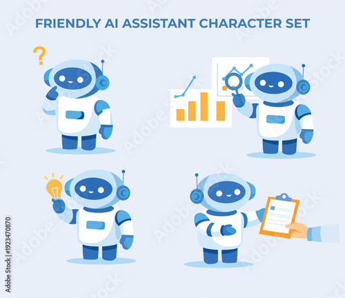 Friendly ai assistant robot character set with poses