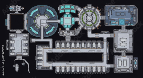 Detailed schematic of a futuristic spaceship interior, showcasing various compartments and systems.