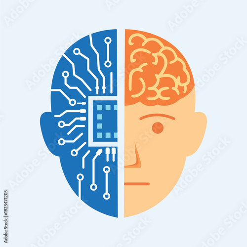 Artificial intelligence and human brain comparison illustration