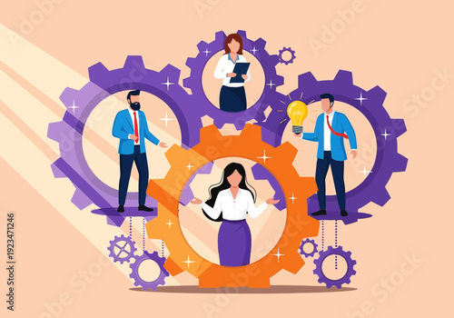 Business team working together with gears and cogs in a collaborative effort to achieve success and innovation
