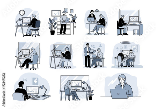 Illustration of various business professionals working at desks in an office setting with computers and laptops