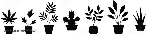Collection of black potted plant silhouettes including cactus and leafy houseplants, isolated on white background flat vector illustration set for interior design