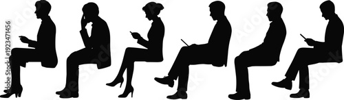 Black silhouette of business people sitting in a row using smartphones and laptop, side view isolated on white background flat vector illustration
