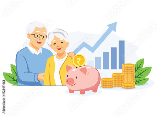 Senior couple saving money with piggy bank and rising investment growth chart