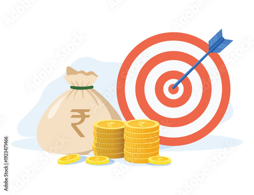 Financial goal target with rupee money bag and stacked coins
