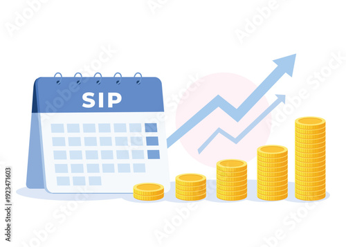 SIP calendar with rising coin stacks and upward growth arrow