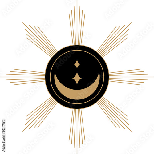 Mystical sun with crescent moon