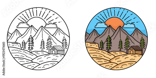 Hand drawn mountain scenery in circle frame, line art and colored set. Adventure and camping outdoor concept with mountains and pine trees