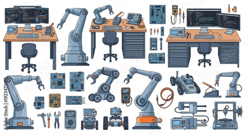 Robotic arms and industrial automation equipment in a manufacturing environment.