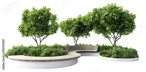 Urban landscaping bench with trees and bushes, isolated on transparent cutout background
