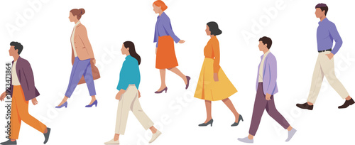 Flat vector illustration of diverse business and casual people walking in side view, modern urban characters isolated on white background lifestyle concept