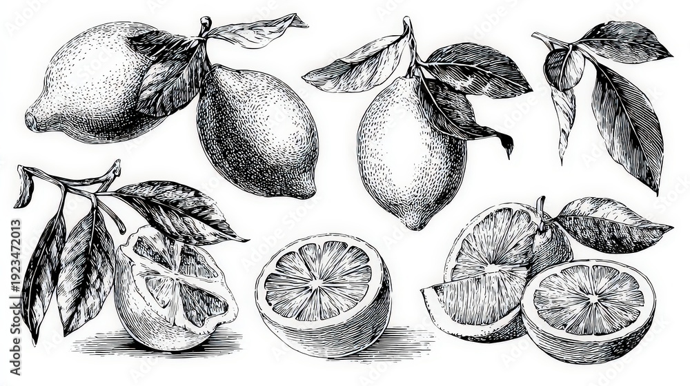 custom made wallpaper toronto digitalDetailed Black and White Sketch Illustration of Lemons and Leaves on White Background