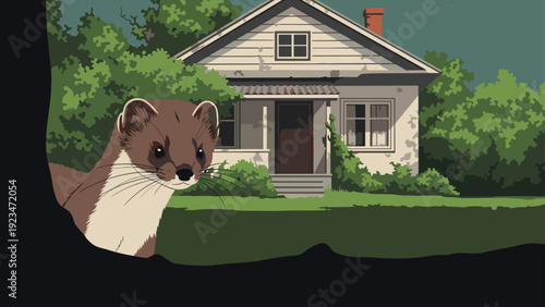 Close-up illustration of a small brown weasel peering out from behind a tree in front of a white farmhouse in the distance.