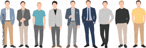 Flat vector illustration of diverse men standing in different casual and business outfits, modern male characters isolated on white background fashion collection