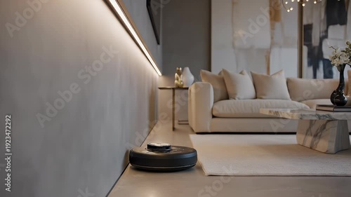 Wallpaper Mural Robot Vacuum Cleaning Modern Living Room with Minimalist Decor Neutral Colors Torontodigital.ca