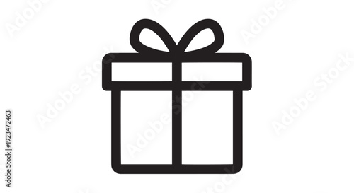 Minimalist black line art icon of a gift box with a decorative bow for celebration and holidays
