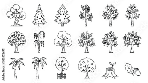 Collection of various black and white tree illustrations showcasing diverse species and styles in a simple line art design perfect for graphic design projects and nature-themed visuals.