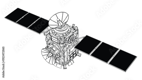 Satellite spacecraft with solar panels and communication dish illustrated in detailed black and white line art on a clean white background showcasing advanced technology and space exploration.